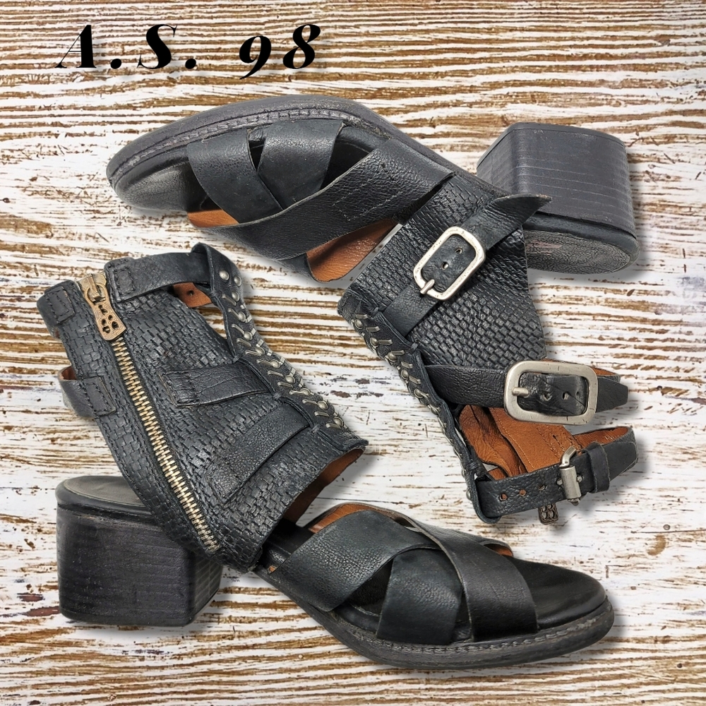 A.S. 98 Black Leather Gladiator Sandles Silver Accents